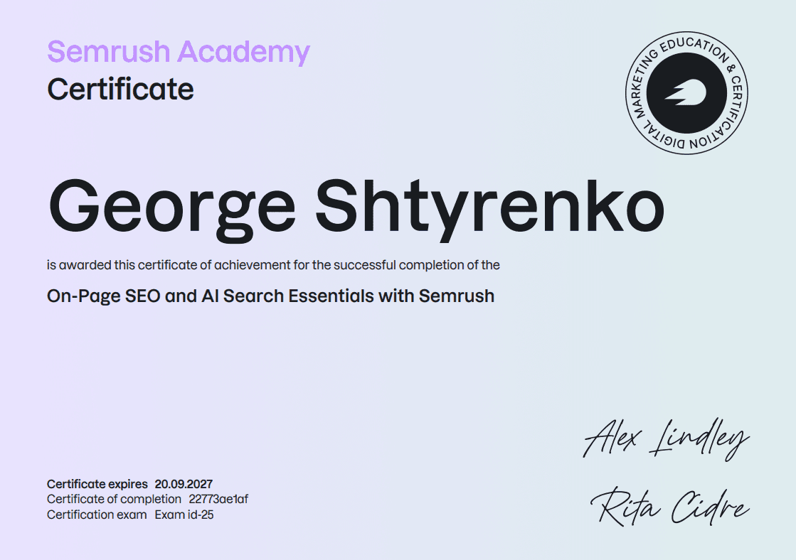 Сертификат Semrush Academy Георгия Штыренко по On-Page SEO и AI Search Essentials