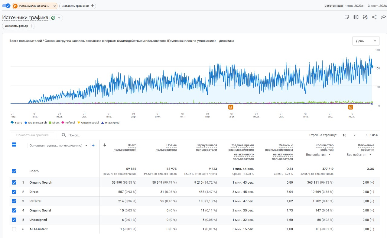 Google Analytics Kinesio Doctor: динамика пользователей и распределение источников трафика